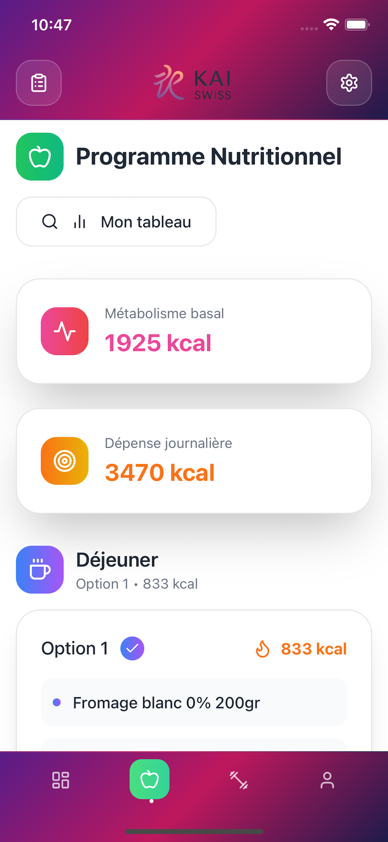 Interface nutrition KAI Swiss
